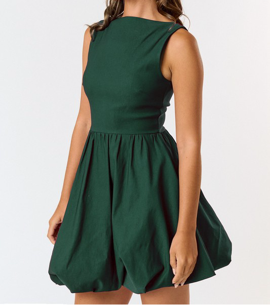 Hunter Green Bubble Boat Neck Mini Dress