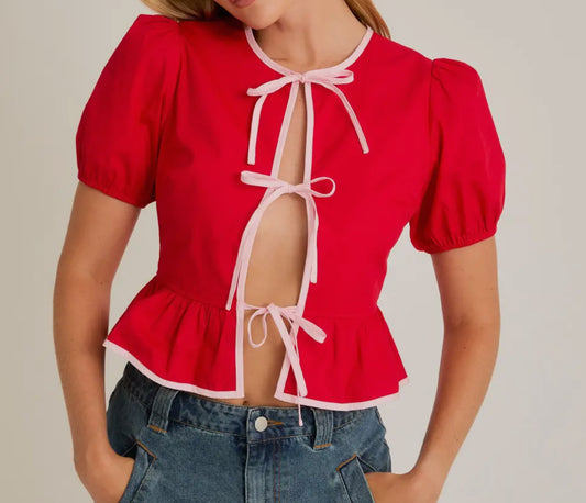 Red/Pink Puff Bow Detail Open Blouse